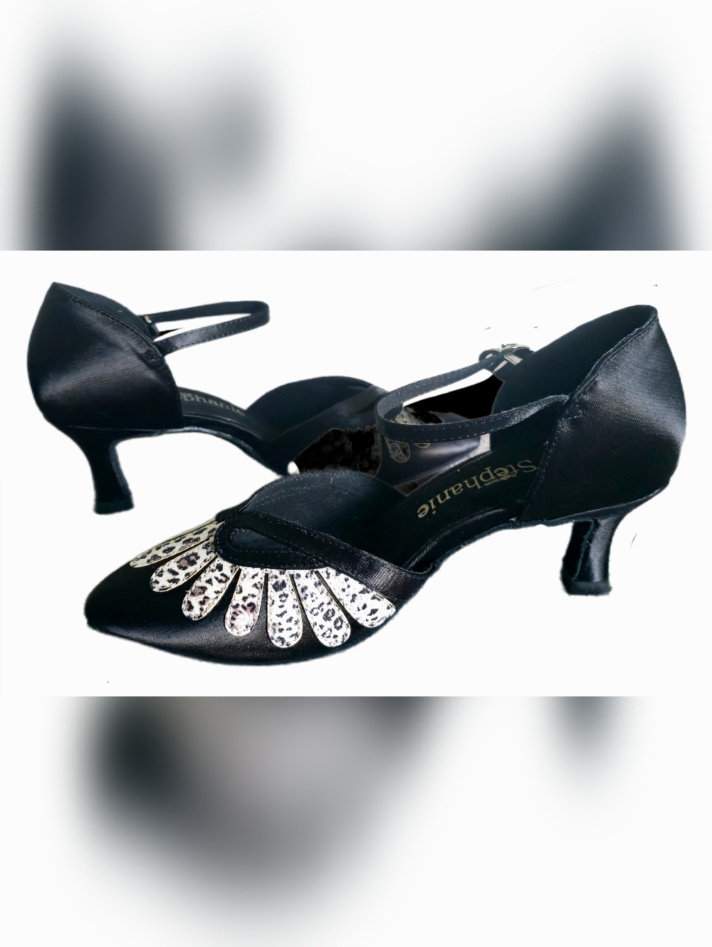 Ballroom Stephanie Black Satin White Leopard Print Motif Dancing Shoes Size 7 - Picture 9 of 11